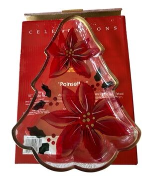 Christmas Tree Glass Plate Poinsettia 10” Serving Dish NIB Holiday